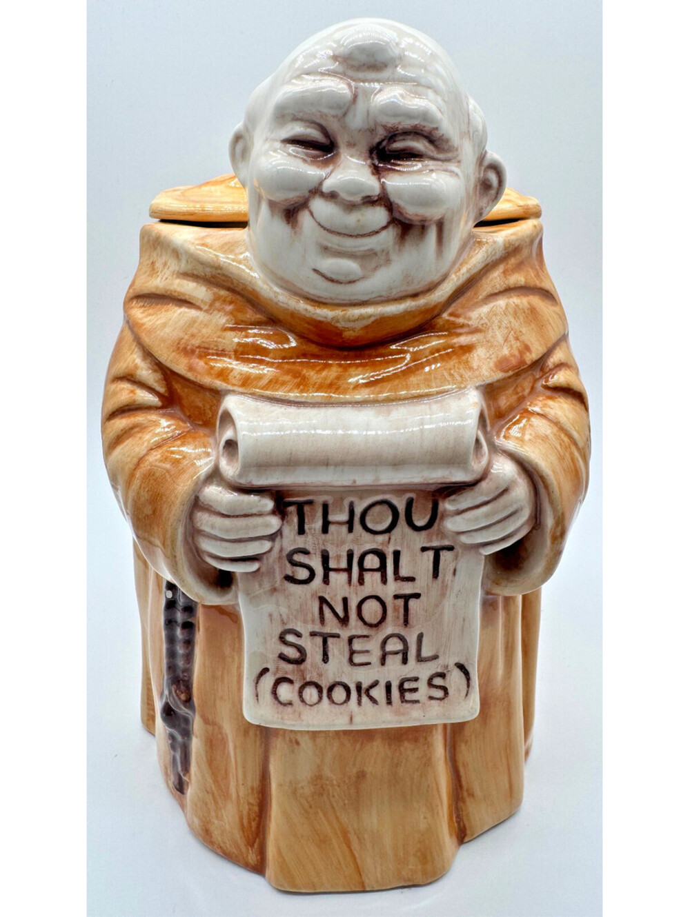 Vintage 1960s Treasure Craft Friar Monk Thou Shalt Not Steal Cookies Cookie Jar